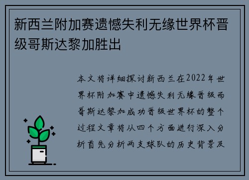 新西兰附加赛遗憾失利无缘世界杯晋级哥斯达黎加胜出