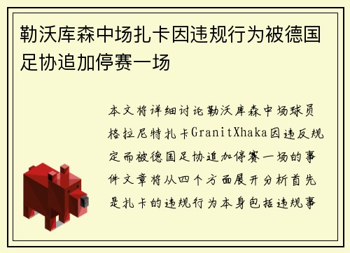 勒沃库森中场扎卡因违规行为被德国足协追加停赛一场