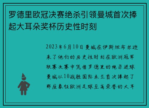 罗德里欧冠决赛绝杀引领曼城首次捧起大耳朵奖杯历史性时刻